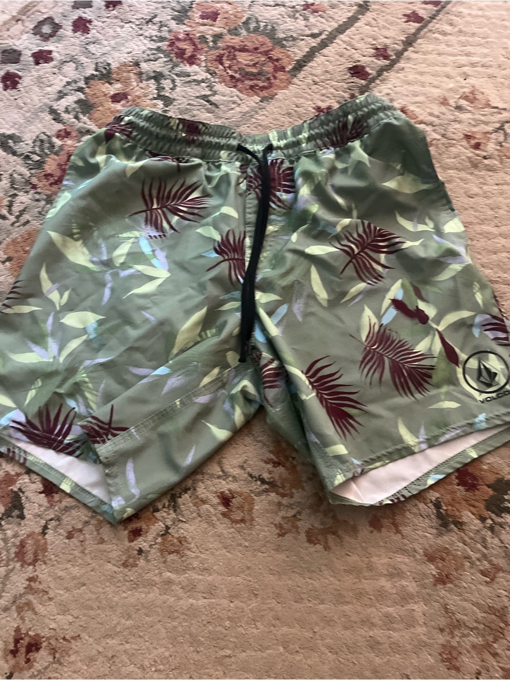Volcom Green Swim Trunks with Maroon Tropical Print
